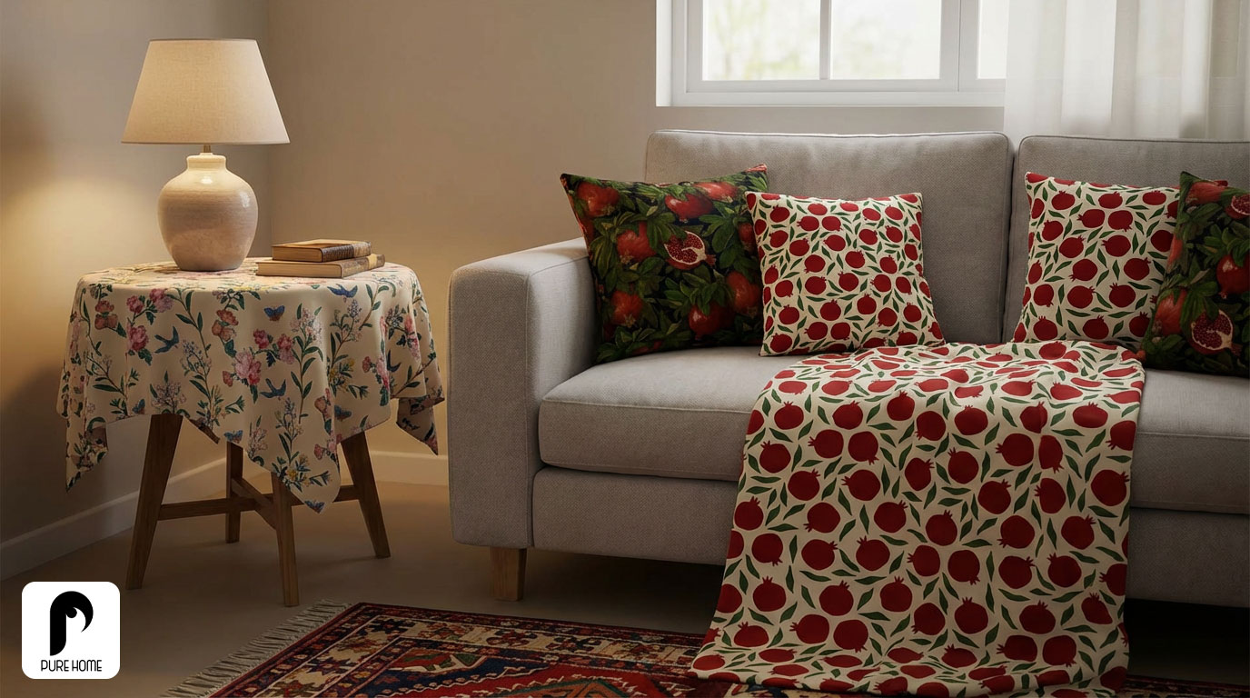 هماهنگی رومیزی با کوسن و شال مبل در دکوراسیون داخلی