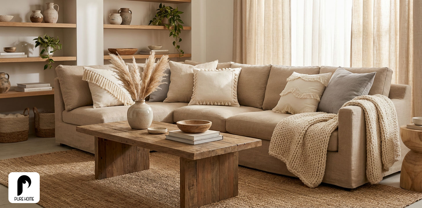 چیدمان هماهنگ دکوراسیون با کوسن لینن و منسوجات طبیعی