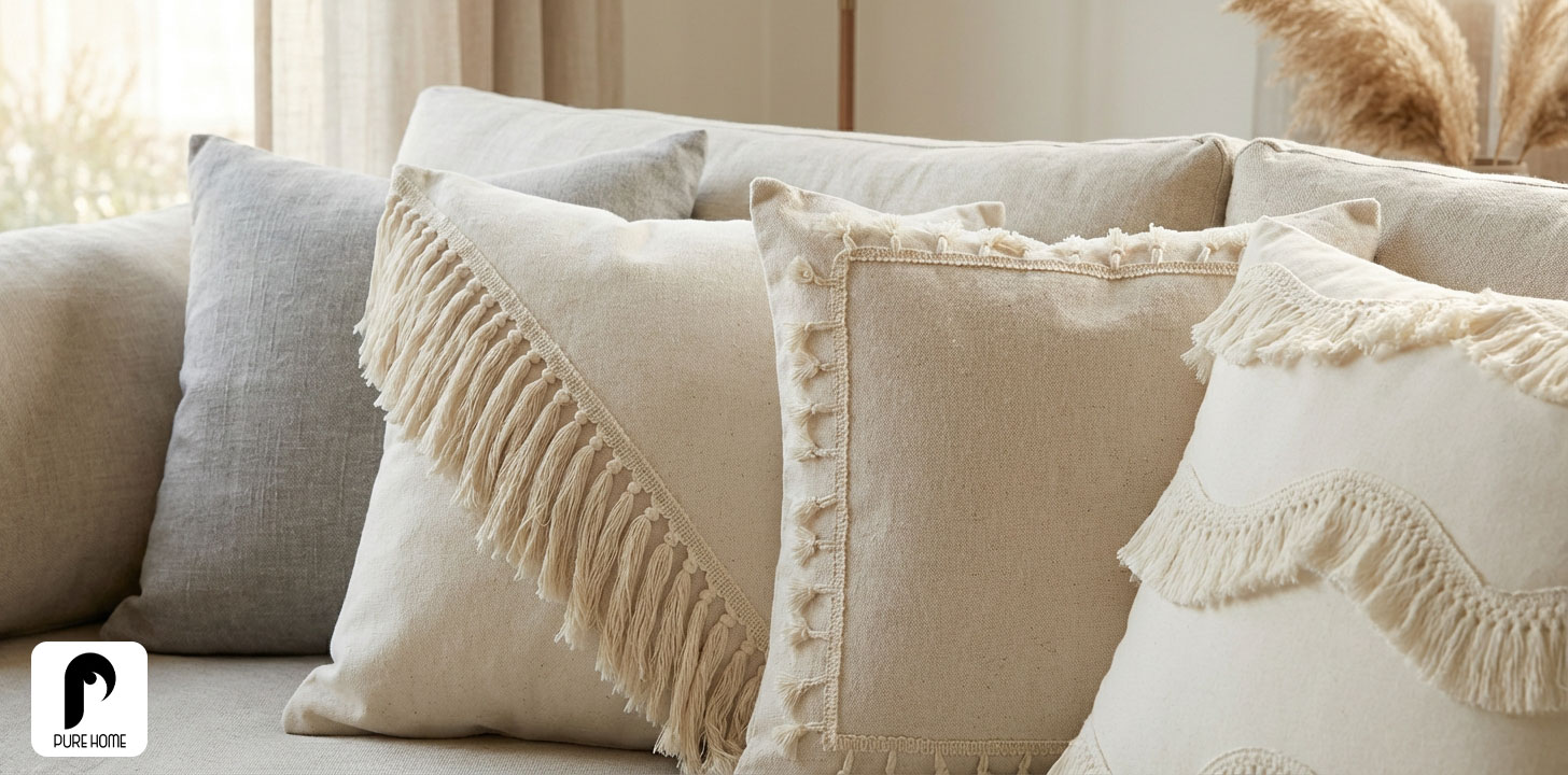 نمای نزدیک از بافت پارچه لینن در کوسن دکوراتیو